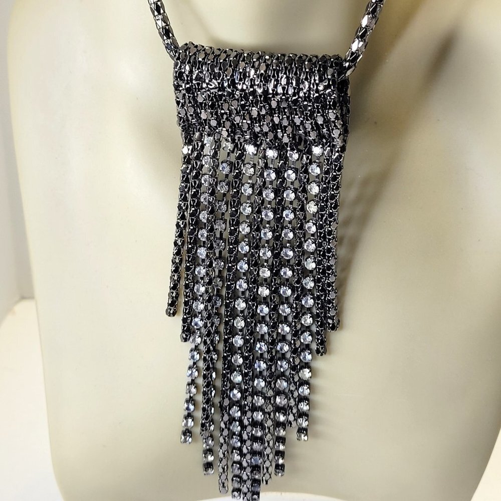 Gunmetal Tone Long Necklace with Crystal tassels